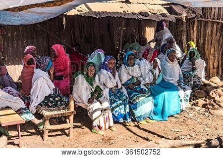 Aksum, Ethiopia - Feb 08, 2020: Ethiopian People On The Road From Axum To The Simien Mountains, Nort