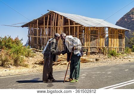 Aksum, Ethiopia - Feb 08, 2020: Ethiopian People On The Road From Axum To The Simien Mountains, Nort