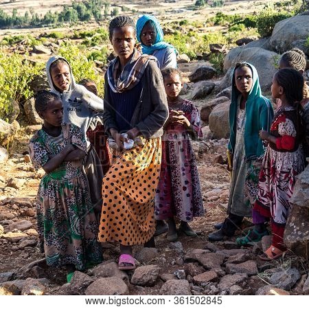 Aksum, Ethiopia - Feb 08, 2020: Ethiopian People On The Road From Axum To The Simien Mountains, Nort