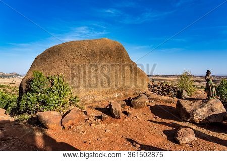 Aksum, Ethiopia - Feb 08, 2020: Ethiopian Girl On The Road From Axum To The Simien Mountains, North 