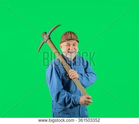 Man Contractor With Axe. Smiling Workman With Pickaxe. Construction Worker With Pick Axe. Male Labor