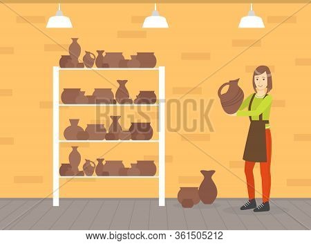Female Ceramists Making Ceramic Pots At Pottery Workshop, Creative People Profession Or Hobby Vector