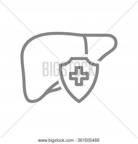 Protected Liver Line Icon. Treatment, First Aid For Digestive Organ Disease Symbol