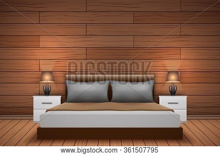 Contemporary Bedroom Interior With Wood Paneling At The Headboard Bed. Trendy Bedroom Interior With 