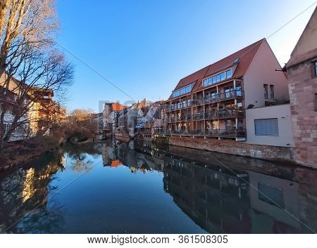 Nuremberg, Germany - January 01, 2020: River Pegnitz In Nuremberg, View From Sight Henkersteg In The