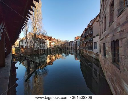 Nuremberg, Germany - January 01, 2020: River Pegnitz In Nuremberg, View From Sight Henkersteg In The