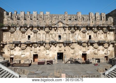 Roman Amphitheater Of Aspendos Ancient City Near Antalya, Southern Turkey. Panorama View