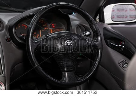Novosibirsk/ Russia - April 11, 2020: Toyota Celica, Auto Interior: Steering Wheel With Logo And But