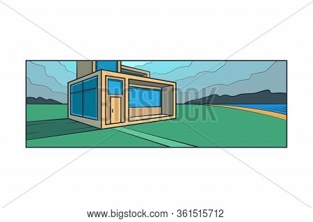 Modern Country House, Panoramic Windows. Landscape, Meadow, Riverbank, Lake. Forest On The Horizon.f