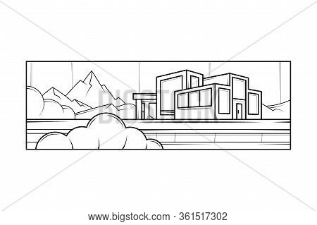 Mountain Landscape. Modern Country House, Panoramic Windows. Lawn Bushes.flat Minimal Linework Hand 