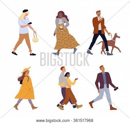 People Character Street Or Park Walking. Human Person Holding Smartphone, Dog On Leash, Takeaway Cof