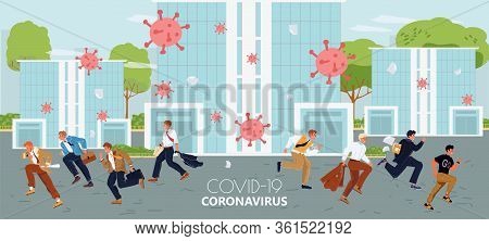 Season Flu, Coronavirus Influenza Pandemic Concept. Worker People Character Run Away Microscopic Bac