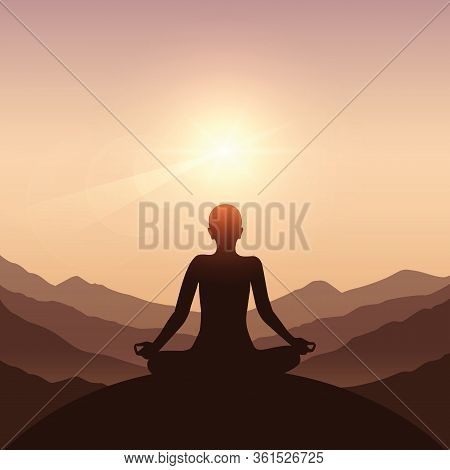 Peace Of Mind Meditation Concept Silhouette With Mountain Background Vector Illustration Eps10