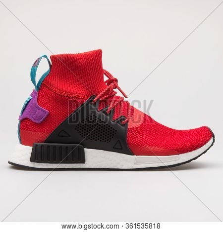 Vienna, Austria - August 24, 2017: Adidas Nmd Xr1 Winter Red And Black Sneaker On White Background.