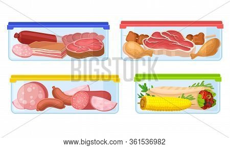 Fresh Food Stored In Plastic Transparent Containers With Closed Lid Vector Set