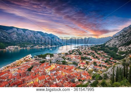 Aerial Evening View Of Kotor Bay And Old Town From Hill Of Lovcen Mountain. Location: Kotor Bay, Mon