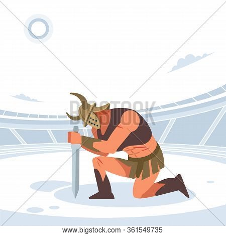 An Ancient Warrior Or Gladiator Greets His Master In The Arena. Vector Isolated Illustration. Flat C