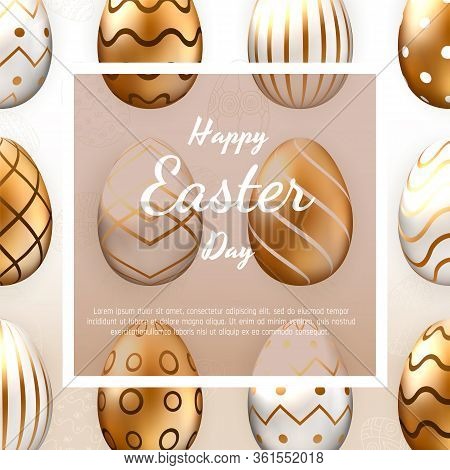 Easter Card With Square Frame, Realistic Gold Ornate Eggs On Colorful Modern Geometric Background. V