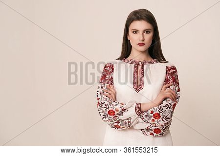 Young Beautiful Brunette Girl Wearing Gorgeous Ethnic Style Embroidered Shirt, Modern Derivative Fro