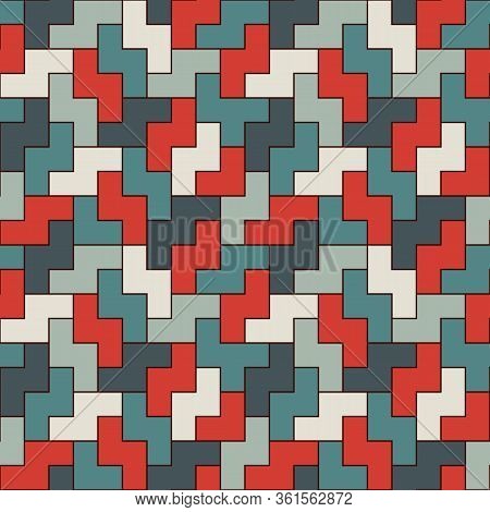 Seamless Pattern With Simple Geometric Ornament. Repeated Puzzle Mosaic Abstract Background.