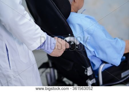 Doctor Help And Care Asian Senior Or Elderly Old Lady Woman Patient Sitting On Wheelchair At Nursing