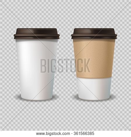 Empty Label White Paper Coffee Cup, Set Of Plastic Containers Of Coffee. Isolated Mockup In A Transp