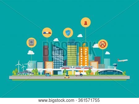 Cityscape With Infrastructure Transportation And Security Icons. Vector Illustration
