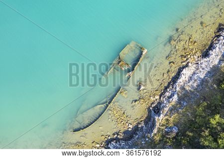 An Aerial View Of The Sinking German Ship Fritz From World War Ii In The Bay Of Salamustica In The R
