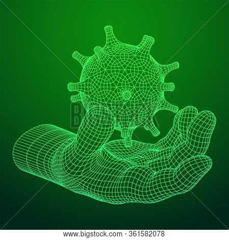 Human Arm Hand With Corona Virus Virion Of Coronavirus. Connection Structure. Vector Low Poly Wirefr
