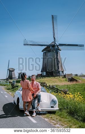 Schermerhorn Alkmaar Netherlands April 2020, . Couple Doing A Road Trip With A Old Vintage Sport Car