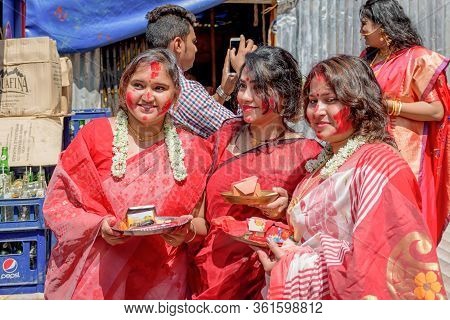Women Participate In Sindur Khela At A Puja Pandal On The Last Day Of Durga Puja At Baghbazar Sarboj