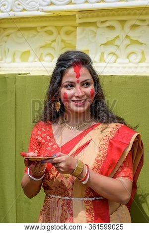 Women Participate In Sindur Khela At A Puja Pandal On The Last Day Of Durga Puja At Baghbazar Sarboj