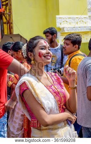 Women Participate In Sindur Khela At A Puja Pandal On The Last Day Of Durga Puja At Baghbazar Sarboj