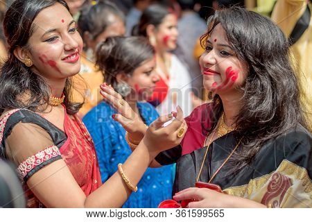 Women Participate In Sindur Khela At A Puja Pandal On The Last Day Of Durga Puja At Baghbazar Sarboj