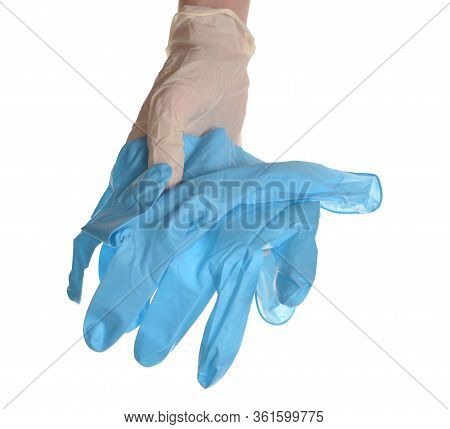 Hand With Gloves Give Another Gloves For Safey Over White