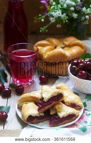Traditional Homemade Romanian And Moldovan Pies - Placinta, Served With Wine. Rustic Style.