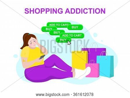 Shopping Addiction Concept. Happy Woman Bought Many Expensive Things Through Online Internet Shop
