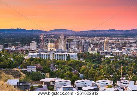 Salt Lake City, Utah, USA downtown city skyline at dusk.