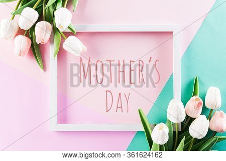 Happy Mother's Day, Women's Day Or Valentine's Day Greeting Concept. Pastel Colours Background With 