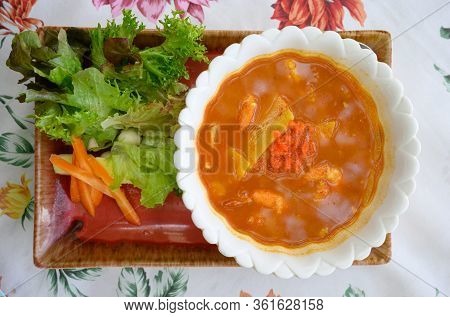 Red Curry Preserved Bamboo Shoot With Tobiko, Ebiko . Top View
