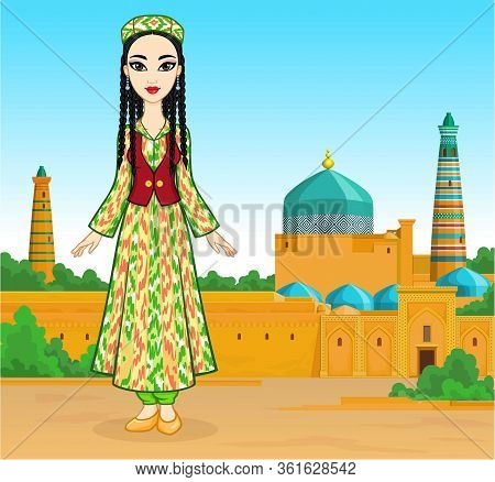 Animation Portrait Of A Beautiful Girl In Ancient National Clothes And Jewelry. Full Growth. Central
