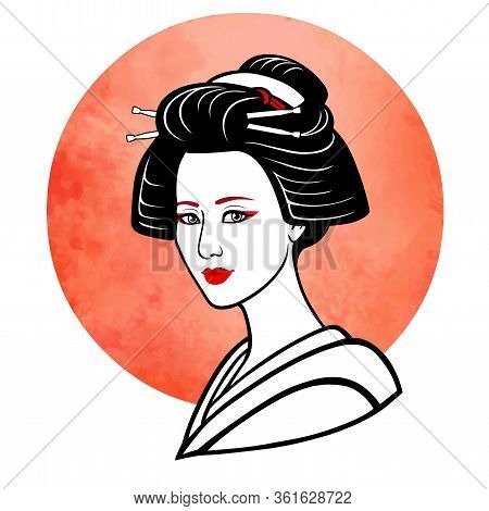 Realistic Portrait Of The Young Japanese Girl An Ancient Hairstyle. Geisha, Maiko, Princess. Backgro