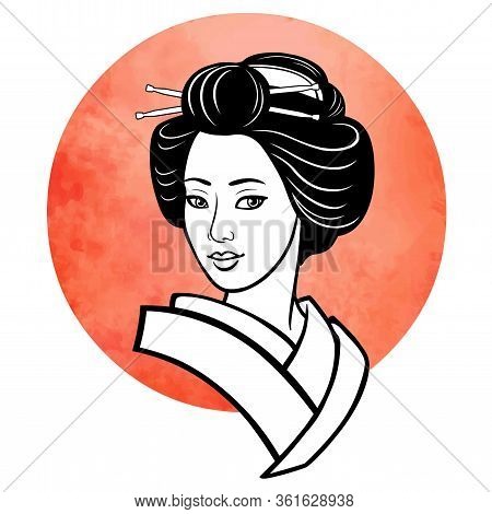 Realistic Portrait Of The Young Japanese Girl An Ancient Hairstyle. Geisha, Maiko, Princess. Backgro
