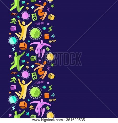 Repeating Seamless Pattern, Swatch, Vertical Border. Set Of Icons: Jumping People, Top View Trampoli