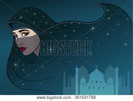 Animation Arab Woman In A Burqa. Vector Illustration.