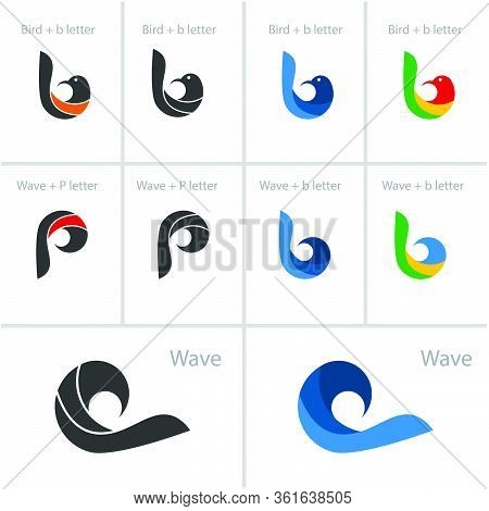 Set Of Graphic Logo Vector Template, Bird Letter Logo, Initial Letter P B Logo Concept, Wave Vector 