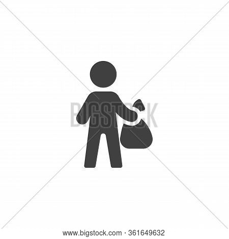 Man Holding Garbage Bag Vector Icon. Filled Flat Sign For Mobile Concept And Web Design. Man With Tr