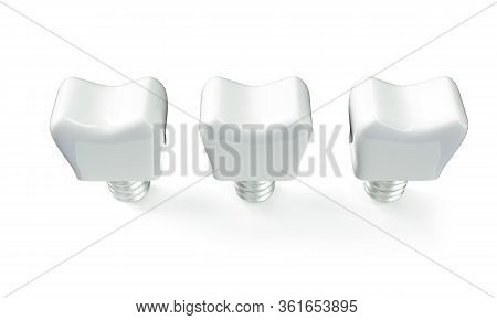 3d Render White Tooth Implant Denture Icon Set Closeup Isolated On White Background. Dental, Medicin