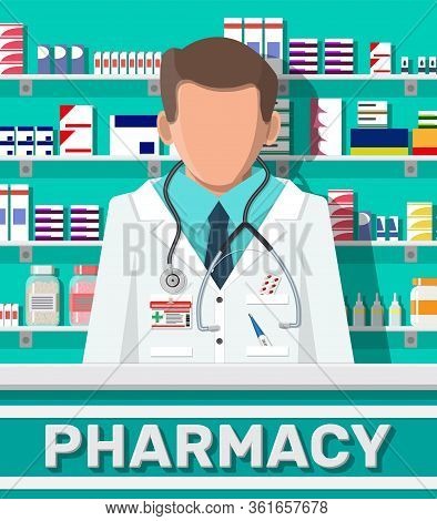 Modern Interior Of Pharmacy And Male Pharmacist. Medicine Pills Capsules Bottles Vitamins And Tablet