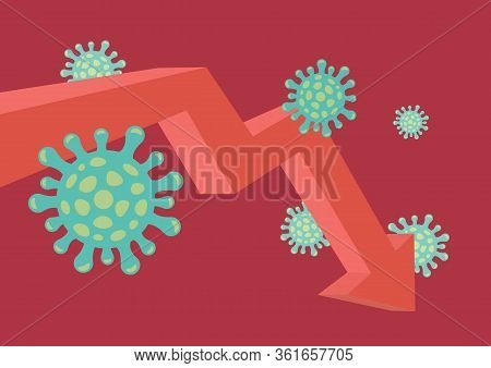 Downtrend Arrow With Infectious Coronavirus Isolated On A Red Background. Pandemic Contagious Outbre